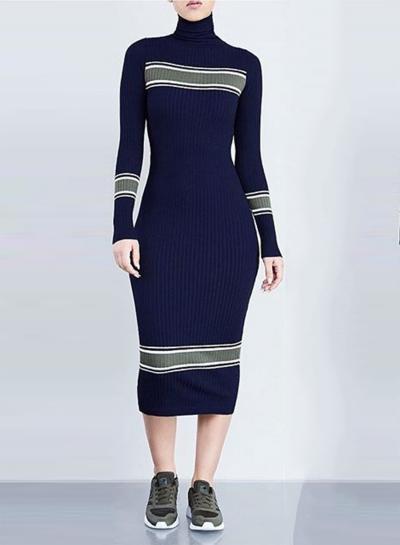 Oasap High Neck Long Sleeve Striped Bodycon Midi Dress