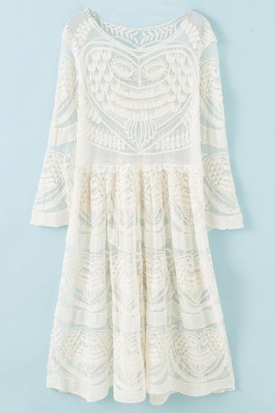 Oasap Chic Ivory Sheer Floral Lace Print Dress