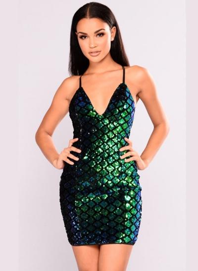 Oasap V Neck Backless Mermaid Sequins Mini Bodycon Dress