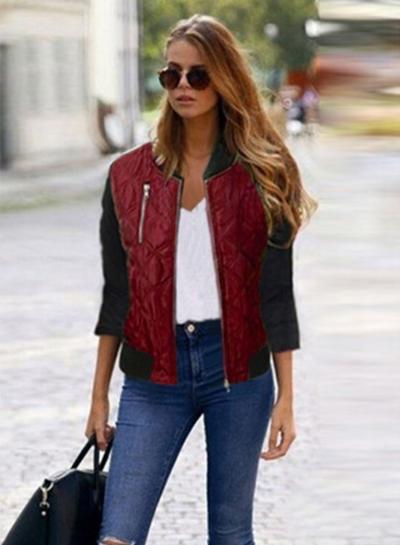 Oasap Fashion Color Block Full Zip Quilted Jacket