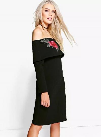 Oasap Off Shoulder Long Sleeve Floral Embroidered Dress