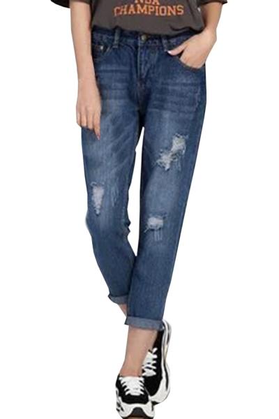 Oasap Modern Women Distressed Cropped Wash Denim Pants