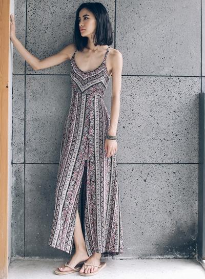 Oasap Lace Up Back Tribal Print Side Slit Dress