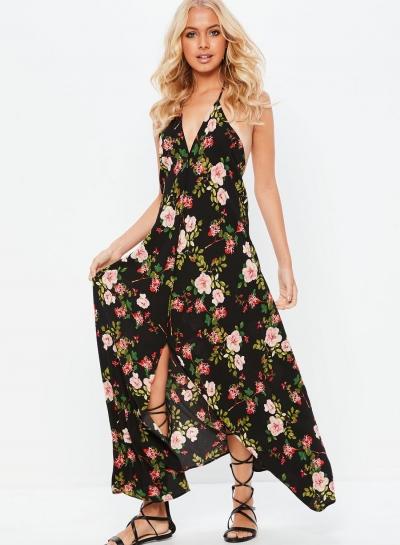Oasap Fashion Sexy Floral Printed Halter Neck Backless Slit Women Maxi Dress