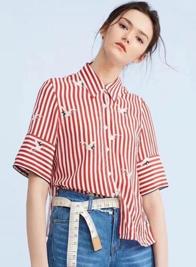 Oasap Crane Embroidery Turn-down Collar Stripped Shirt