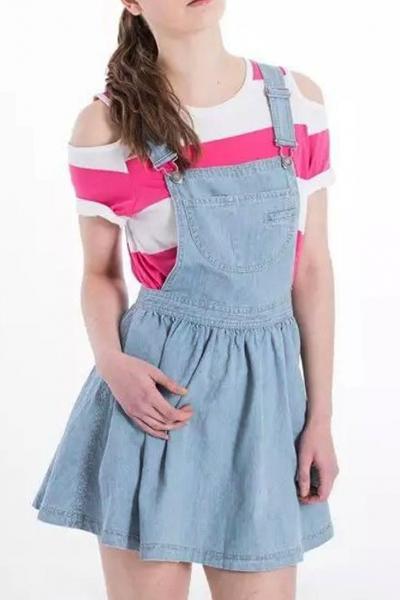 Oasap Cute Light Blue A-line Suspenders Denim Dress