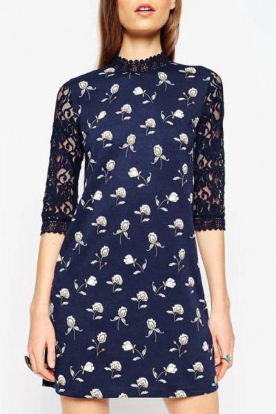 Oasap Vintage Floral Print Lace Paneled Keyhole Back Dress