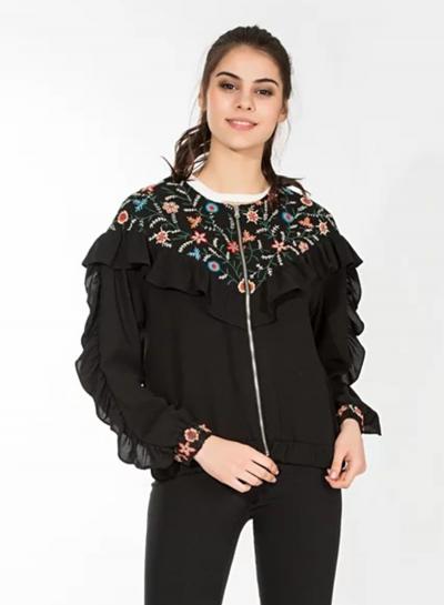 Oasap Floral Embroidery Ruffle Full Zip Jacket