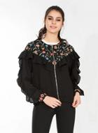 Oasap Floral Embroidery Ruffle Full Zip Jacket