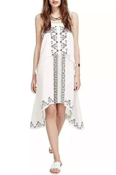 Oasap Vintage Embroidery Print Asymmetric Chiffon Dress