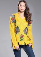 Oasap V Neck Embroidered Applique Pullover Sweater