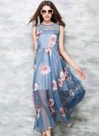 Oasap Rose Print Lace Panel Maxi Dress