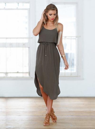 Oasap Spaghetti Strap Sleeveless Slit Irregular Midi Dress