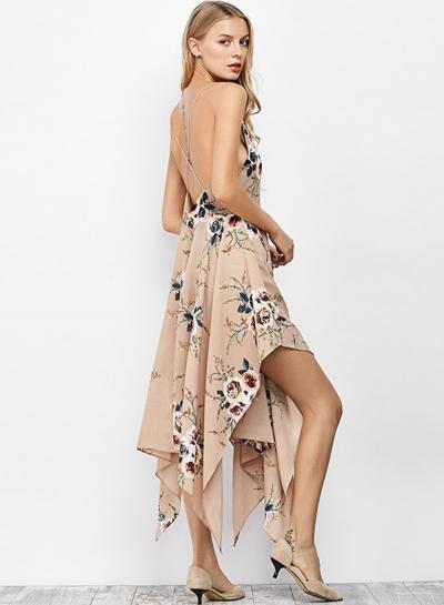 Oasap Spaghetti Strap Floral Printed Irregular Prom Dress