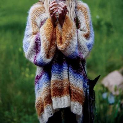 Oasap Round Neck Lantern Sleeve Loose Fit Striped Sweater