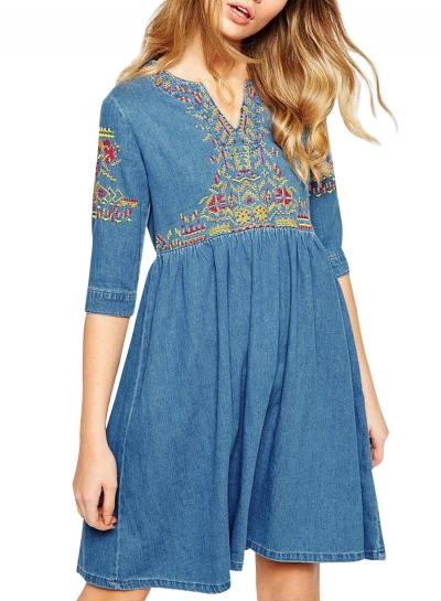 Oasap Women's Casual Half Sleeve Embroidery Pullover Denim Dress