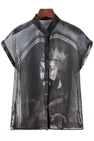 Oasap Sheer King Portrait Print Short Sleeve Shirt