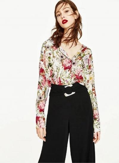 Oasap Retro-inspired Floral Print Long Sleeve High-low Button Down Shirt
