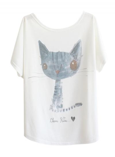 Oasap Cartoon Cat Printed Short Batwing Sleeve Tee