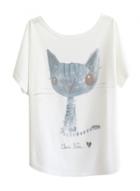 Oasap Cartoon Cat Printed Short Batwing Sleeve Tee