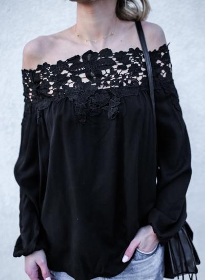Oasap Off Shoulder Long Sleeve Lace Loose Blouse
