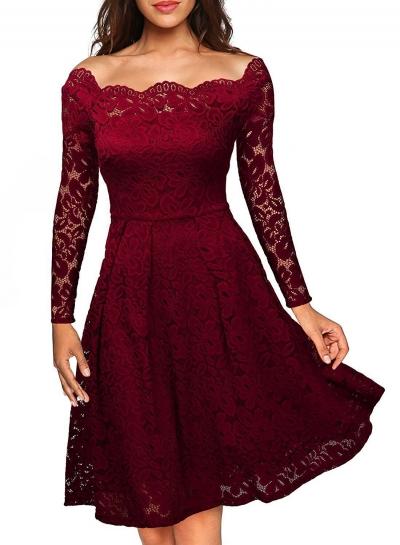 Oasap Off Shoulder Long Sleeve Lace A-line Dress