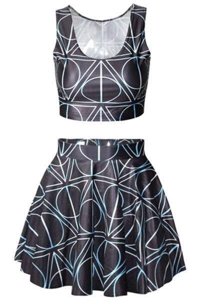 Oasap Black Tank Skirt Set Graphic Matching Set
