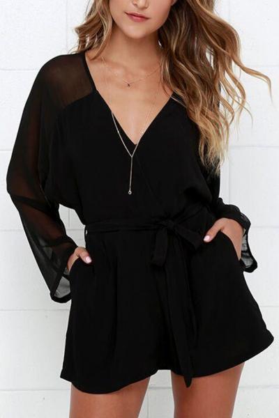 Oasap Sheer Deep V Long Sleeve Tie Waist Romper