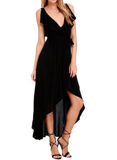 Oasap Women's V Neck Tie Waist Front Slit High Low Maxi Dress