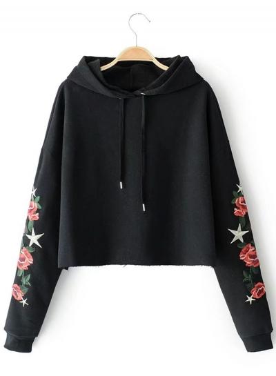 Oasap Rose Embroidered Long Sleeve Cropped Loose Hoodie