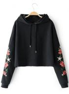 Oasap Rose Embroidered Long Sleeve Cropped Loose Hoodie