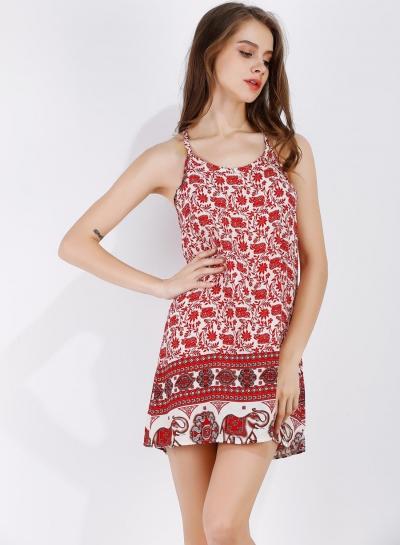 Oasap Backless Spaghetti Strap Floral Print Boho Mini Dress