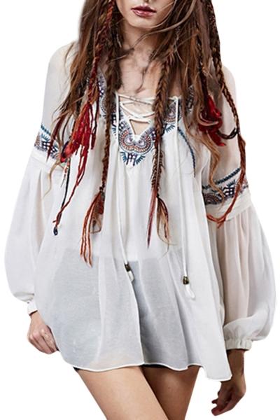 Oasap Vintage Embroidery Print Lantern Sleeve Lace-up Front Chiffon Blouse