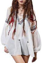 Oasap Vintage Embroidery Print Lantern Sleeve Lace-up Front Chiffon Blouse