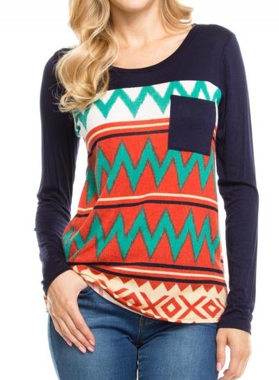 Oasap Round Neck Long Sleeve Geometric Print Knit Tee Shirt