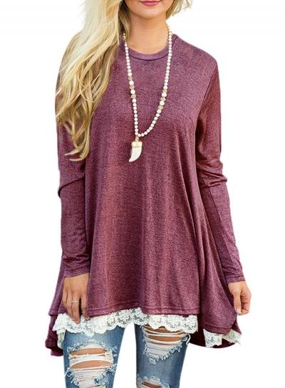 Oasap Round Neck Long Sleeve Lace Hem Pullover Dress