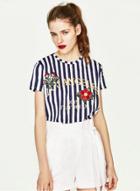 Oasap Cute Floral Embroidery Stripped Tee Shirt