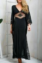 Oasap Fancy Hollow Out Lace Paneled Deep V Maxi Dress