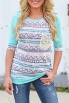 Oasap Zigzag Printing Round Neckline Lace Paneled Tee