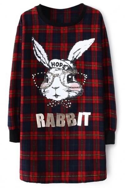 Oasap Cute Rabbit Plaid Long Sweatshirt