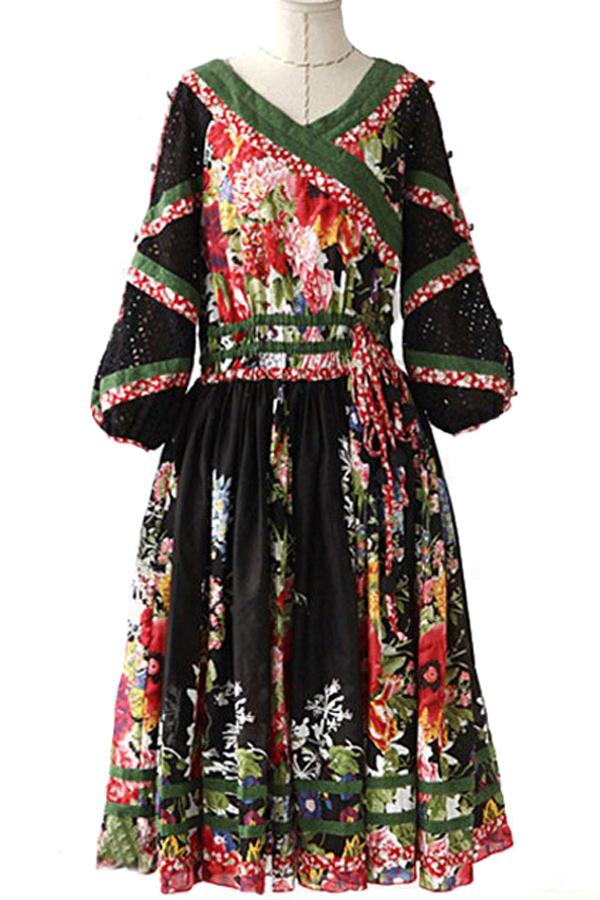 Oasap Oriental Unique Floral Printing Dress With Medium Bubble Sleeves