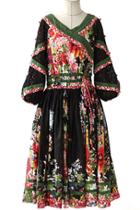 Oasap Oriental Unique Floral Printing Dress With Medium Bubble Sleeves