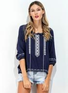 Oasap Embroidered Half Sleeve Blouse With Tassel
