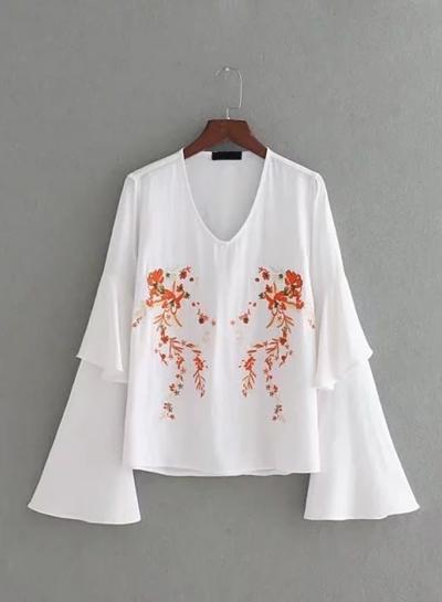Oasap Vintage V Neck Flare Sleeve Floral Embroidery Blouse