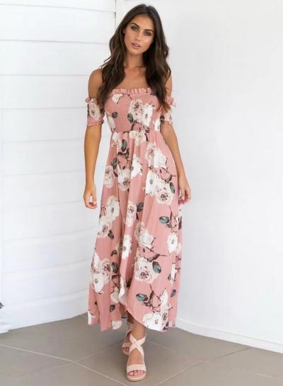 Oasap Slash Neck Off Shoulder Floral Print Maxi Dress