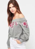 Oasap Slash Neck Long Sleeve Floral Embroidery Knit Sweatshirt