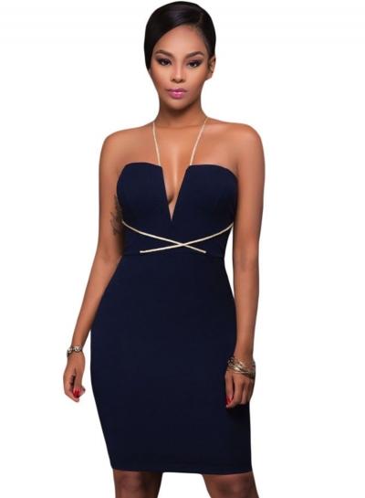 Oasap Contrast String Around Navy Bodycon Party Dress