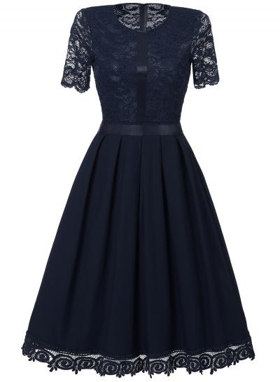 Oasap Solid Color Lace Panel Slim Dress