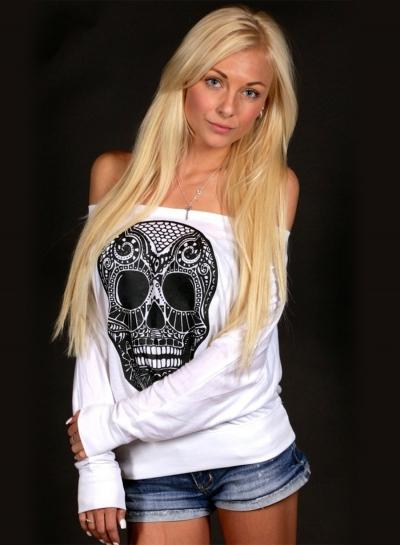 Oasap Halloween Off Shoulder Long Sleeve Skull Loose Tee