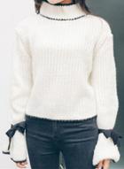 Oasap Mock Neck Flare Sleeve Bow Cuff Sweater